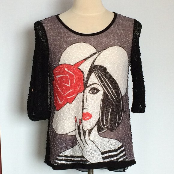 Joseph Ribkoff Sequined Sweater Top Sz 4 Black White Red Sheer Back 3\4 Sleeve - Picture 1 of 6